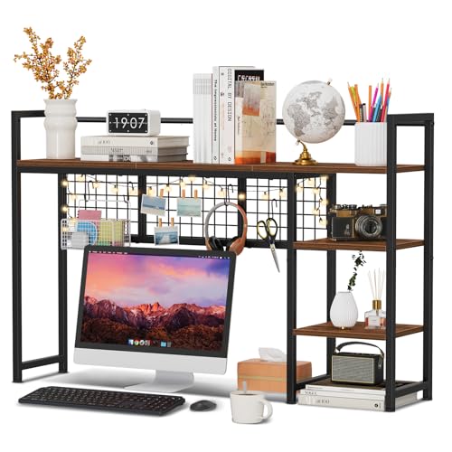 Snughome Desk Shelf, 44.9" Desktop Organizer Shelf, Desk Hutch for Computer Monitor, 4 Tier Desk Display Rack with Pegboard Hooks Set, Wood Desktop Bookshelf for Home Office Dorm - color: Rustic Brown, size: 44.9"