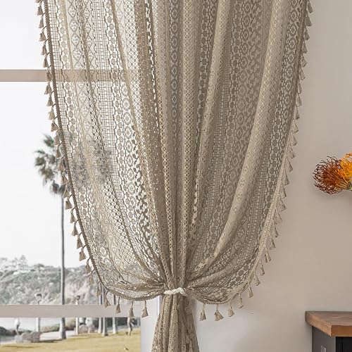 WAZZIO Boho Lace Curtains 63 Inches 2 Panel,Light Filtering Privacy Tassel & Geometry Crochet Semi Sheer Curtain Drapes for Bedroom Living Dining Room,Rod Pocket & Tassel,Earthy Color Taupe - color: Taupe, size: 59"W x 63"L (Pack of 2)