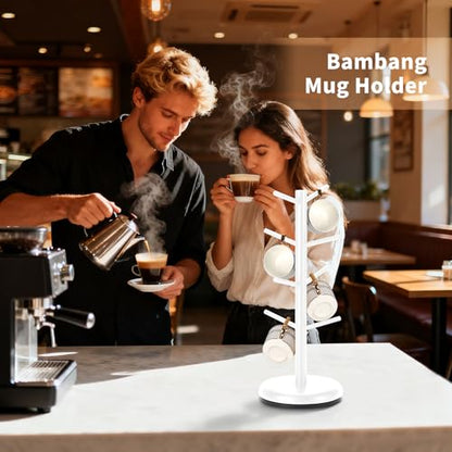 BAMBANG Mug Holder, 360° Rotating Mug Tree Holds 8 Coffee Cups, Space Saving Mug Stand with Stable Base for Kitchen Coffee Bar - color: White