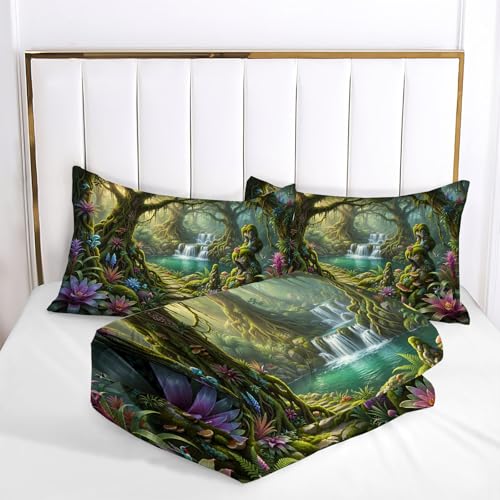 Soft Magical Forest Duvet Cover Queen,3D Printed Bedding Set 3 Pieces,Reversible ancient trees and mushrooms Duvet Cover Set with 2 Pillow Shams,Zipper Closure and 4 Ties,90 x 90 in,Emerald green - size: Queen（90 x 90 in ）