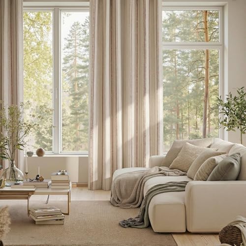 MYSKY HOME Farmhouse Taupe Striped Curtains 100% Blackout for Bedroom 84 Inches Long Tan Ticking Stripe Pinstripe Rustic Linen Blended with Blackout Layer Drapes, Grommet, 2 Panels, 52" Wide - color: Taupe/Blackout, size: 52"W x 84"L (Pack of 2)