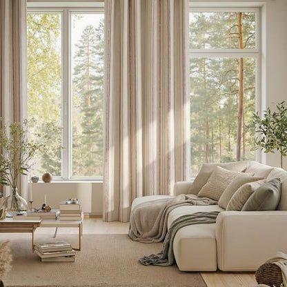 MYSKY HOME Farmhouse Taupe Striped Curtains 100% Blackout for Bedroom 84 Inches Long Tan Ticking Stripe Pinstripe Rustic Linen Blended with Blackout Layer Drapes, Grommet, 2 Panels, 52" Wide - color: Taupe/Blackout, size: 52"W x 84"L (Pack of 2)