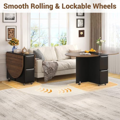 60" Extendable Drop Leaf Dining Table Set with 4 Leather Chairs,Storage,5 Pcs Oval Foldable Kitchen Table and Chairs Set for 4-8 People,6 Wheels,Folding Table Set for Small Space Saving,Walnut - color: Walnut