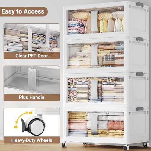 BROVIEW 800Qt Extra Large Stackable Storage Bins with Lids, 5-Pack White | 200Gal Collapsible Storage Bin with Wheels Clear Door, Folding Plastic Closet Organizers and Storage Drawers for Home Kitchen