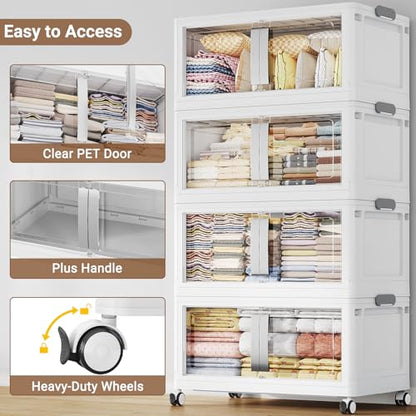 BROVIEW 800Qt Extra Large Stackable Storage Bins with Lids, 5-Pack White | 200Gal Collapsible Storage Bin with Wheels Clear Door, Folding Plastic Closet Organizers and Storage Drawers for Home Kitchen