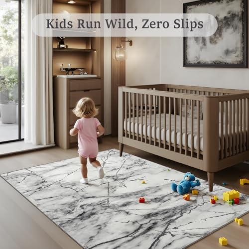 CRYPTOLITE Abstract Area Rug Washable Rug with Non-Slip Backing Low Pile Area Rugs for Living Room, Bedroom, Dining Room,4x6, Silver&Grey - color: Marble - Silver Grey, size: 4' x 6' (Rectangular)