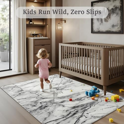 CRYPTOLITE Abstract Area Rug Washable Rug with Non-Slip Backing Low Pile Area Rugs for Living Room, Bedroom, Dining Room,4x6, Silver&Grey - color: Marble - Silver Grey, size: 4' x 6' (Rectangular)
