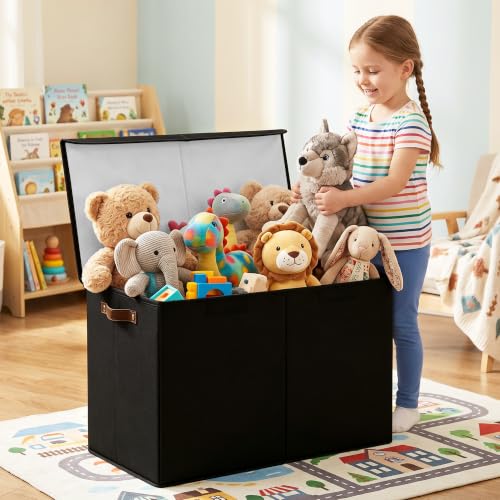 Large Toy Storage Box with Lids, Collapsible Sturdy Baby Storage Organizer Chest Bin Basket for Kids, Boys, Girls, Playroom, Nursery, Bedroom, Closet 25"x13"x16" (Black) - color: Black
