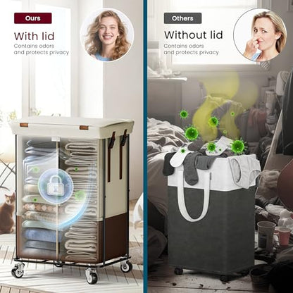 Double Laundry Hamper with Lid, Rolling Laundry Basket with Wheels and 2 Removable 75L Bags, 2 Section Large Capacity for Laundry Bedroom Bathroom Dorm, Easy Move & Organize,150L White - color: White