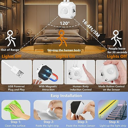 Under Bed Lights Motion Sensor LED Strip Stair Night Lighting Indoor 16.4ft | 3000K Warm White Dimmable Motion Activated LED Strip Lights,Auto On/Off,USB Powered for Bedroom Under Cabinet Kitchen Hallway - size: 16.4ft-One Motion Sensor