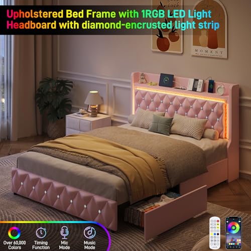 Full Bed Frame with LED Lights & Charging Station, Upholstered Bed Frame Full Size with Storage Headboard & 2 Drawers, Diamond Tufted, Curved Wingback, PU Leather, No Box Spring Needed, Pink - color: Pink, size: Full
