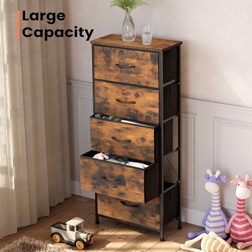 Tall Dresser Vertical Fabric Storage Tower, 5 Drawers (Rustic Brown) | Sturdy Steel Frame, Wood Top and Easy Pull Handle, Space-saving Organizer for Clothes, Bedroom, Hallway, Entryway, Closets - color: Rustic Brown, style: Narrow