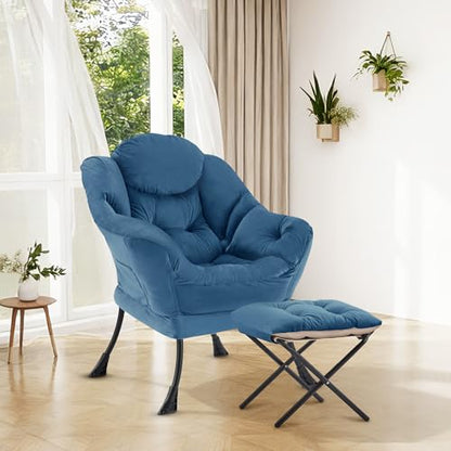 Lazy Chair with Ottoman, Modern Accent Lounge Chair with Side Pocket and Armrests, Cozy Reading Armchair with Footrest, Upholstered Sofa Chair for Small Spaces, Bedroom Living Room, Blue - color: Blue