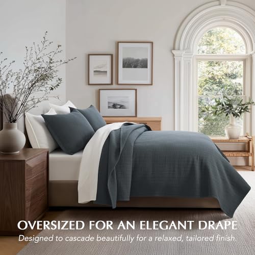 100% Cotton Modern Grid Stitch Quilt Set King Size, Midnight Blue | Pre-Washed Cotton Coverlet Bedspread, Oversized Lightweight 3-Piece Bedding Set for All Season, with 2 Pillow Shams - color: Midnight Blue, size: King (110" X 94")