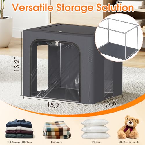 4 Pack Clothes Storage Bins with Metal Frame, Light Grey, 40L | Foldable Storage Boxes with Clear Window, Front & Top Zipper Openings, Stackable Organizer with Handles for Closet & Bedroom