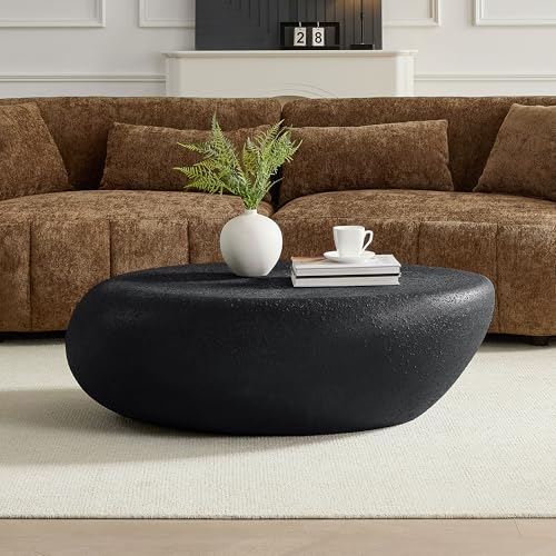 43.3" Oval Coffee Table with Grainy Matte Rocks Pattern, Modern Irregular Center Table, Drum Fiberglass Coffee Table Accent Side Table End Table for Living Room (Black) - color: A-43.3" Black
