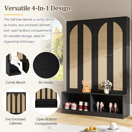 JIVOIT Bohemian Farmhouse Widen Hall Tree with 4 Rattan Doors, Versatile 4-In-1 Hall Tree, Mid-Century Entryway Shoe Cabinet with Adjustable Shelf and 6 Hooks, Seating Bench for Living Room - color: Black//53