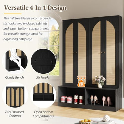 JIVOIT Bohemian Farmhouse Widen Hall Tree with 4 Rattan Doors, Versatile 4-In-1 Hall Tree, Mid-Century Entryway Shoe Cabinet with Adjustable Shelf and 6 Hooks, Seating Bench for Living Room - color: Black//53