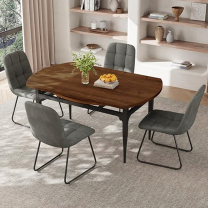 HIPIHOM 55‑Inch Extendable Dining Table Set with 6 Upholstered Chairs and Metal Frame for Dining Room - color: Walnut/Grey