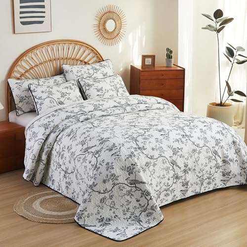 EVENHUG 100% Cotton Quilt Set King Size Black Bird Floral Bedding Sets with Pillow Shams Breathable Lightweight Bedspreads Coverlet for All Season 3 Piece (106"x96") - color: Black, size: King
