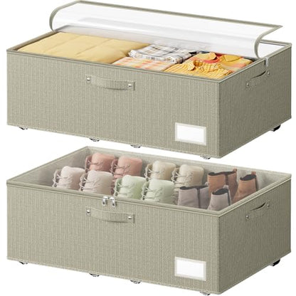Dayacoco Under Bed Storage With Wheels,10in Underbed Storage Containers 65L | Large Capacity Underbed Storage, No Assembly Required Rolling Under Bed Storage for Clothes Blankets Shoes Beige - size: 10.1 inch height-beige