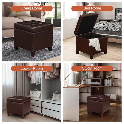 Storage Ottoman, 17" Fuax Leather Square Tufted Footrest Stool with Hinged Lid & Wooden Legs, Extra Seat or Coffee Table for Living Room, Bedroom, Entryway, Tan Brown - color: Tan Brown Leather