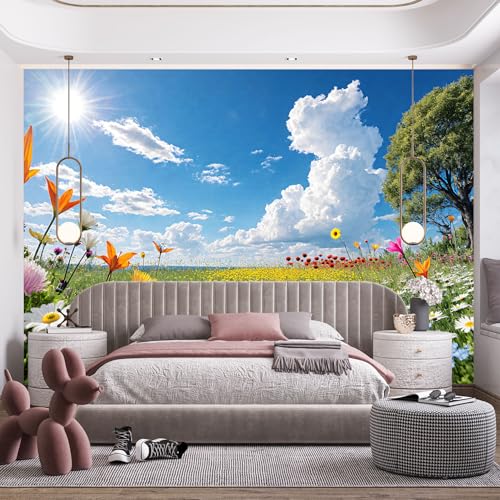 Custom Size Wall Murals, Natural Scenery & Colorful Flowers, Self-Adhesive Removable Fabric (NO PVC) Wallpaper for Living Room & Bedroom & Office