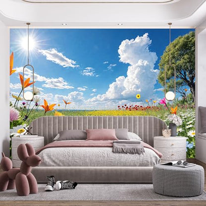 Custom Size Wall Murals, Natural Scenery & Colorful Flowers, Self-Adhesive Removable Fabric (NO PVC) Wallpaper for Living Room & Bedroom & Office
