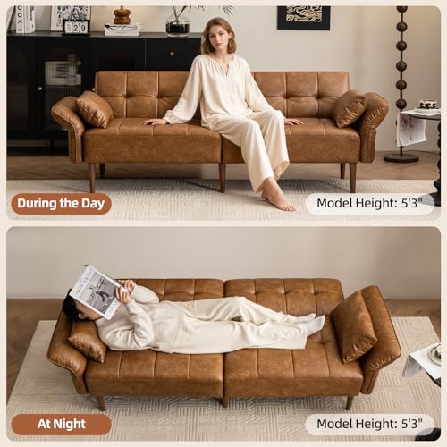 HALLYBEE 85" Futon Faux Leather Couch with Adjustable Armrests Brown | Futon Sofa Bed, Sleeper Sofa, Small Couch with Pillows, Side Pockets, Mid Century Modern, Living Room, Bedroom, Apartment - color: Brown