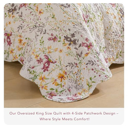 Oversized King Quilt Sets, Faemhouse Quilt Set,Yellow Wild Flower Botanical Printed Bedspread Lightweight Farmhouse Quilted Bed Coverlet, Breathable Bedspread All Seasons(118"x106"), 3 PCS - color: Floral B, size: Oversized King（118"x106"）