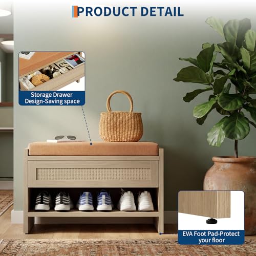 Rattan Drawer Shoe Bench with Soft Cushioned Seat for Hallway | Entryway Storage Shoe Stool - color: Light Oak