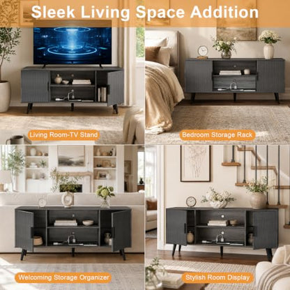 Lightdot 55" Gary Small TV Stand for TVs Up to 65" with Power Outlet | Mid-Century Modern Media Console with Fluted Side Cabinets & 2 Storage Shelves for Living Room Bedroom Entrance - color: Gray Oak/55"