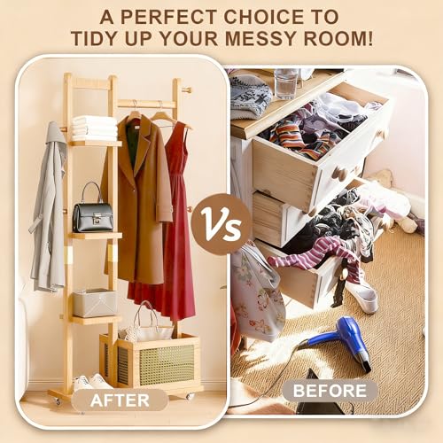 Solid Wood Clothes Rack with Wheels, Rolling Clothing Rack with 4 Shelves & 4 Hooks, Oak Coat Rack Freestanding Heavy Duty with Storage Basket, Coat Hanger Stand for Garment Bags Wallets Hats Shoes - color: Natural Wood