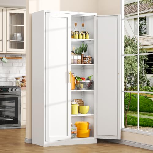 CJF White Kitchen Pantry Cabinet,71 Inch Tall Metal Storage Cabinet with 4 Adjustable Shelves and Doors, Freestanding Pantry Cabinet for Kitchen, Living Room, Dining Room, Bathroom, Easy to Assemble - color: White, size: 71"Hx 28"Wx 14"D-0Drawer