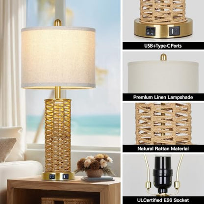 CINSARY 27" Natural Rattan Table Lamps Set of 2, Boho Bedside Lamp for Bedroom with Night Light, Woven Wicker Nightstand Lamps with 2 USB Ports & AC Outlet, Tall Farmhouse Living Room Lamp, Gold - color: Rattan and Gold