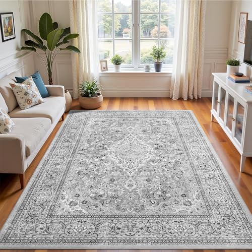 4x6 Grey Washable Boho Area Rug for Bedroom, Vintage Floral Non Slip Living Room Rugs, Soft Low Pile Indoor Mat, Aesthetic Pattern Carpet for Kitchen, Dining Room and Bedside - color: Grey, size: 4' x 6' (Rectangular)