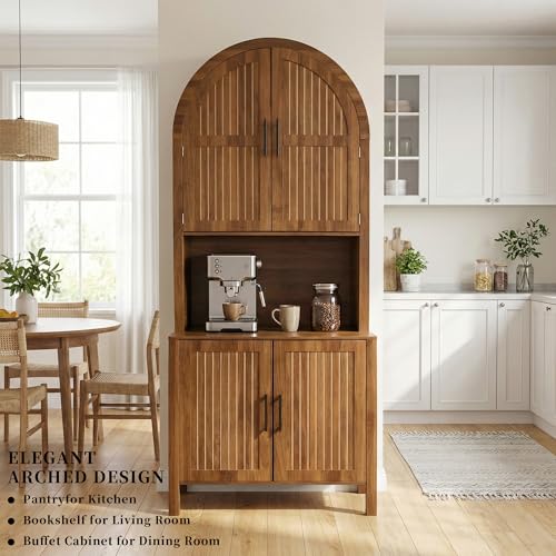 76" Tall Arched Kitchen Pantry, Large Kitchen Storage Cabinet with Fluted Doors and Microwave Stand, Modern Wood Buffet Sideboard, Adjustable Shelves, Cupboard for Dining Room, Living Room, Walnut - color: Walnut
