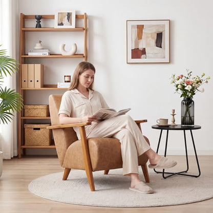Home Accent Chair Mid Century Modern Accent Chair with Wood Frame, Faux Leather Upholstered Armchair, Reading Chair, for Living Room, Bedroom,Office,Comfy Guest Waiting Room Chairs Brown - color: Brown, size: Faux Leather