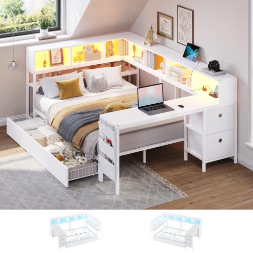 DICTAC Corner Full Bed Frame with Desk, 9 Storage Drawers and Bookcase, Full Size Platform Bed Frame with Charging Station and LED Lights, Modern Daybed for Kids/Teen with Storage, Space-Saving, White - color: White, size: Full