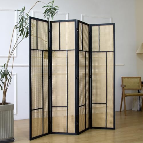 4 Panel Rattan Room Divider, 5.6 ft Tall Double-Sided Folding Privacy Screen for Room Separation, Decorative Panel Screen with Brown Wood Frame for Home & Office (67" H x 63" W)