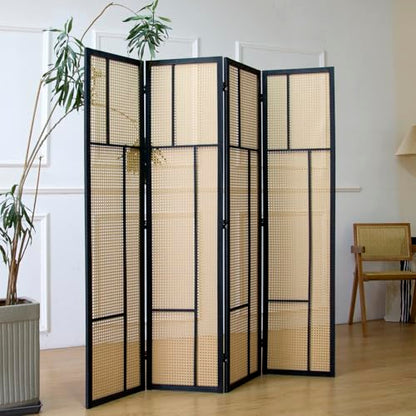 4 Panel Rattan Room Divider, 5.6 ft Tall Double-Sided Folding Privacy Screen for Room Separation, Decorative Panel Screen with Brown Wood Frame for Home & Office (67" H x 63" W)