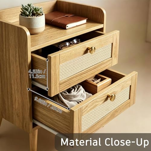 Rattan Nightstands Set of 2, Boho Bedside Table with 2 Drawers | Rattan Nightstand with Charging Station, Open Storage End Tables for Bedroom, Small Spaces and Dorm, Solid Wood Legs, Natural - color: Natural Wood