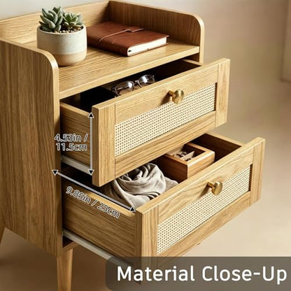Rattan Nightstands Set of 2, Boho Bedside Table with 2 Drawers | Rattan Nightstand with Charging Station, Open Storage End Tables for Bedroom, Small Spaces and Dorm, Solid Wood Legs, Natural - color: Natural Wood