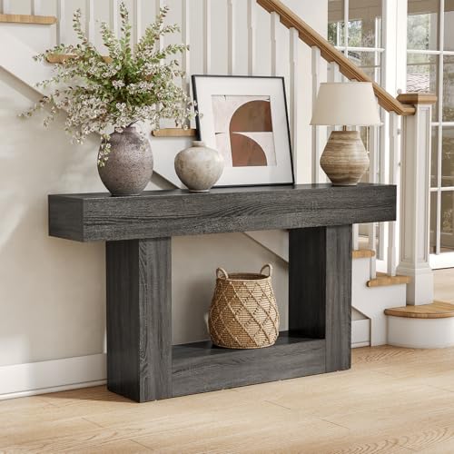 LITTLE TREE 63 Inches Long Console Table, 2-Tier Farmhouse Sofa Table Behind Couch, Large Narrow Entryway Table for Living Room, Wooden Hallway Foyer Table with Heavy Duty Base, Grey - color: Grey