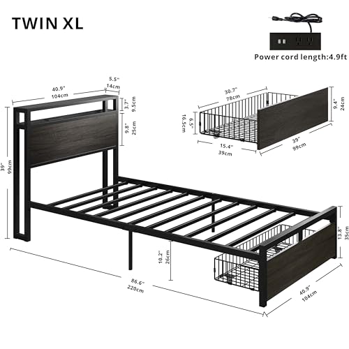 LIKIMIO Twin XL Bed Frames with Drawer and Charging Station, Gray Black | 2-Tier Storage Headboard with Metal Construction Frame, No Box Spring Needed, Fits Small Bedroom or Guest Room. - color: Gray Black, size: Twin XL