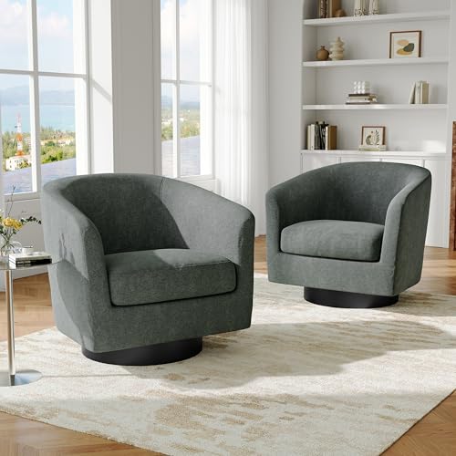 Swivel Barrel Accent Chair, Comfy Reading Armchair, Dark Grey, Set of 2 | Club Chairs for Adults, Low-Back Design, Modern Round Style, Solid Wood Frame & Metal Swivel Base, For Living Room & Bedroom - color: Dark Grey