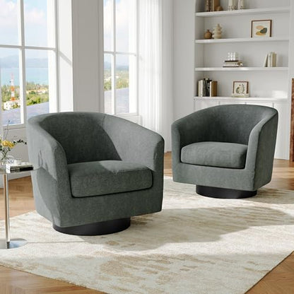 Swivel Barrel Accent Chair, Comfy Reading Armchair, Dark Grey, Set of 2 | Club Chairs for Adults, Low-Back Design, Modern Round Style, Solid Wood Frame & Metal Swivel Base, For Living Room & Bedroom - color: Dark Grey