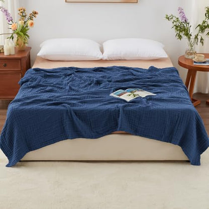 Love's cabin 100% Cotton Muslin Blanket, 6 Layer Lightweight Breathable Gauze King Size Blanket 108 x 90 Inches, Soft Summer Blanket for Bed, Dark Blue - color: Dark Blue, size: King(108"x90")