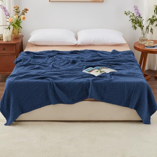 Love's cabin 100% Cotton Muslin Blanket, 6 Layer Lightweight Breathable Gauze Queen Size Blanket 90 x 90 Inches, Soft All Season Blanket for Bed, Dark Blue - color: Dark Blue, size: Queen(90"x90")