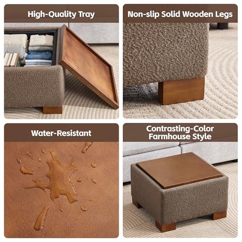 WUTUTUEE 24" Square Ottoman Coffee Table with Storage, Boucle Ottomans with Tray and Solid Wood Legs for Living Room, Bedroom and Apartments, Small Modern Ottoman Tea Table with Lift-Off Lid, Brown - color: 24'' Brown Boucle